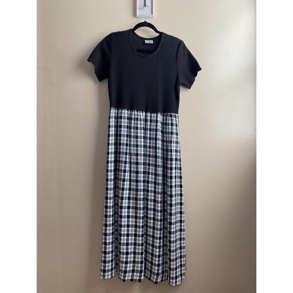 Vintage Basic Edition Black Plaid Midi Colorblock 90s Y2K Grunge Dress Sz M
